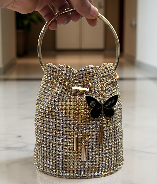 Slingss Exclusive Luxury Range Diamonds Embroidered Partywear Potli Bag For Ladies With Handle & Long Chain