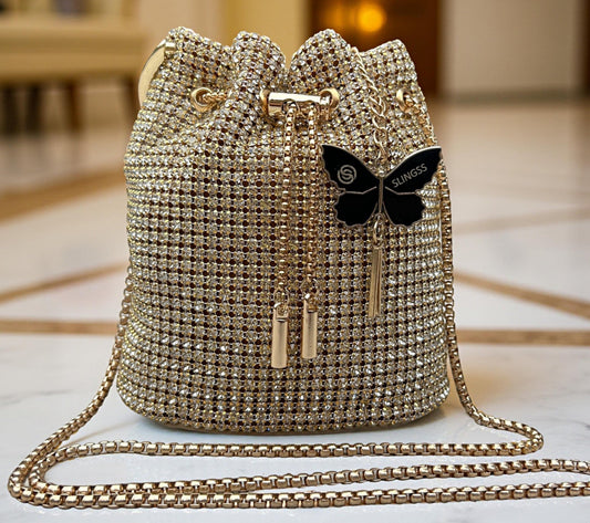 Slingss Exclusive Luxury Range Diamonds Embroidered Partywear Potli Bag For Ladies With Handle & Long Chain