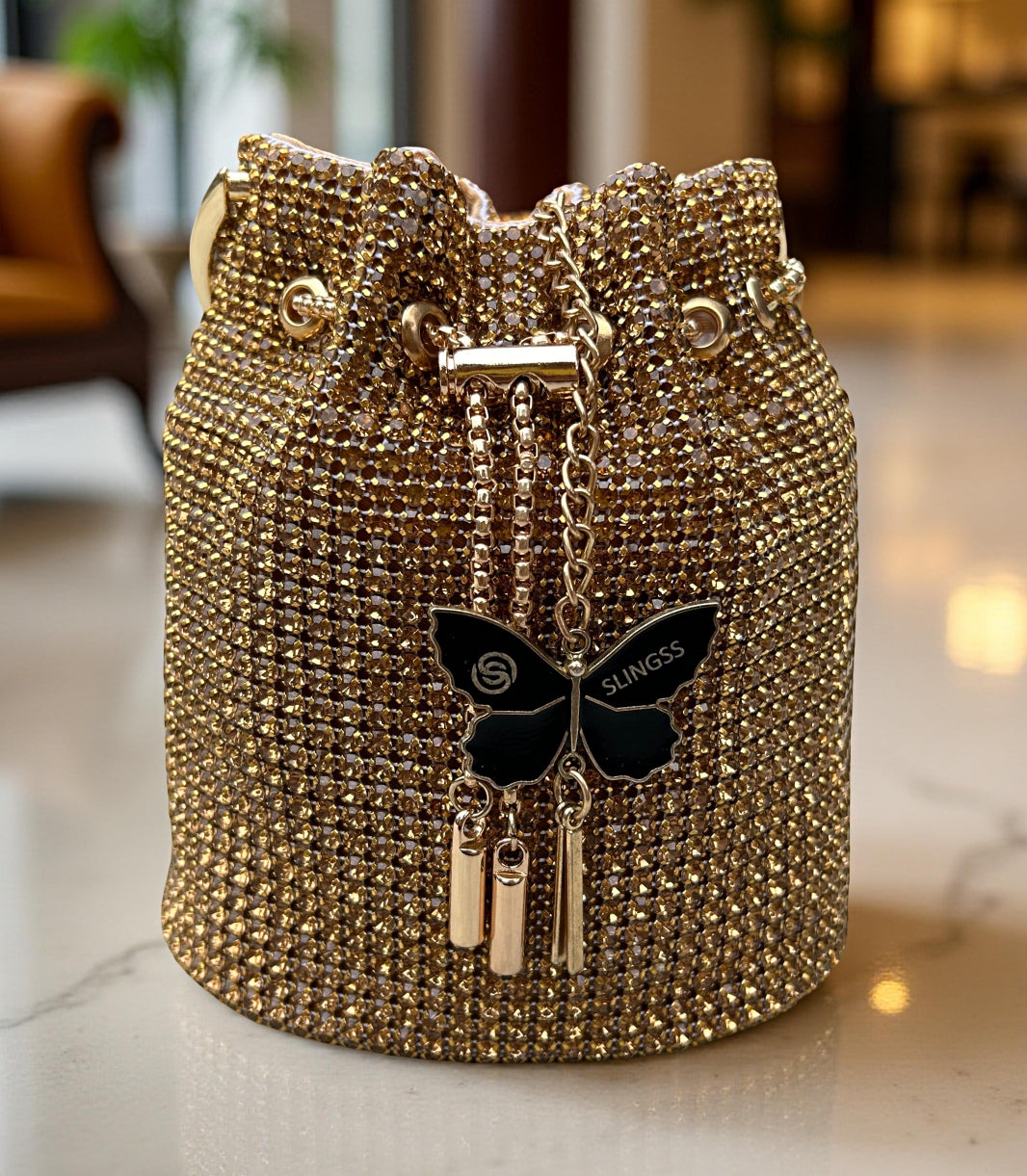 Slingss Exclusive Luxury Range Diamonds Embroidered Partywear Potli Bag For Ladies With Handle & Long Chain