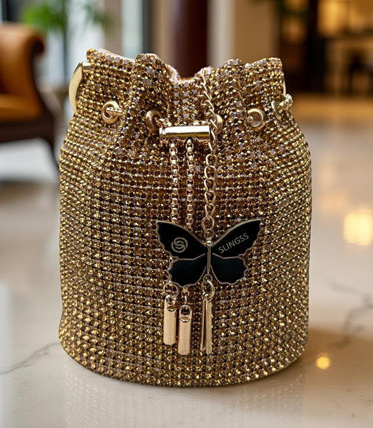 Slingss Exclusive Luxury Range Diamonds Embroidered Partywear Potli Bag For Ladies With Handle & Long Chain