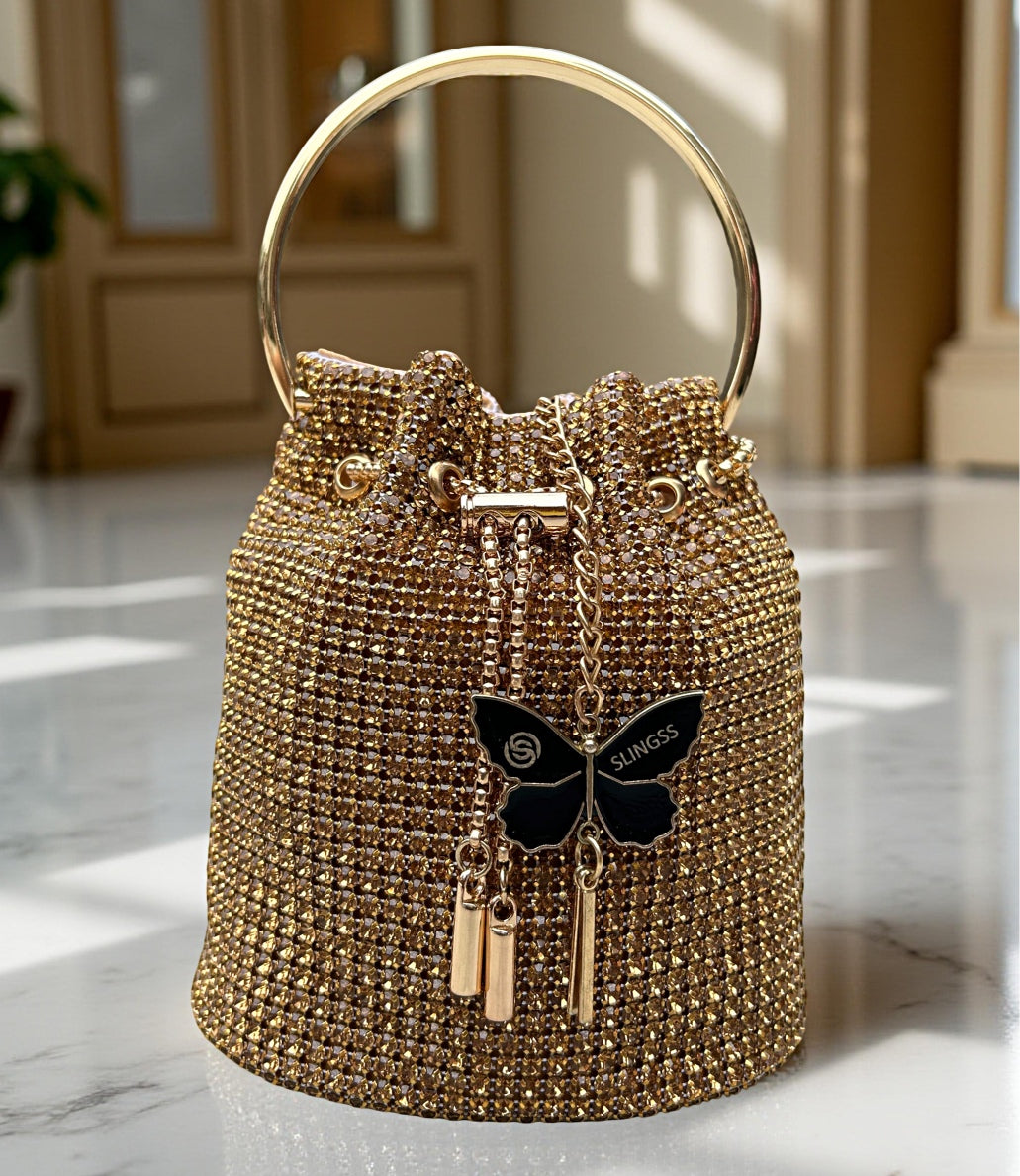 Slingss Exclusive Luxury Range Diamonds Embroidered Partywear Potli Bag For Ladies With Handle & Long Chain