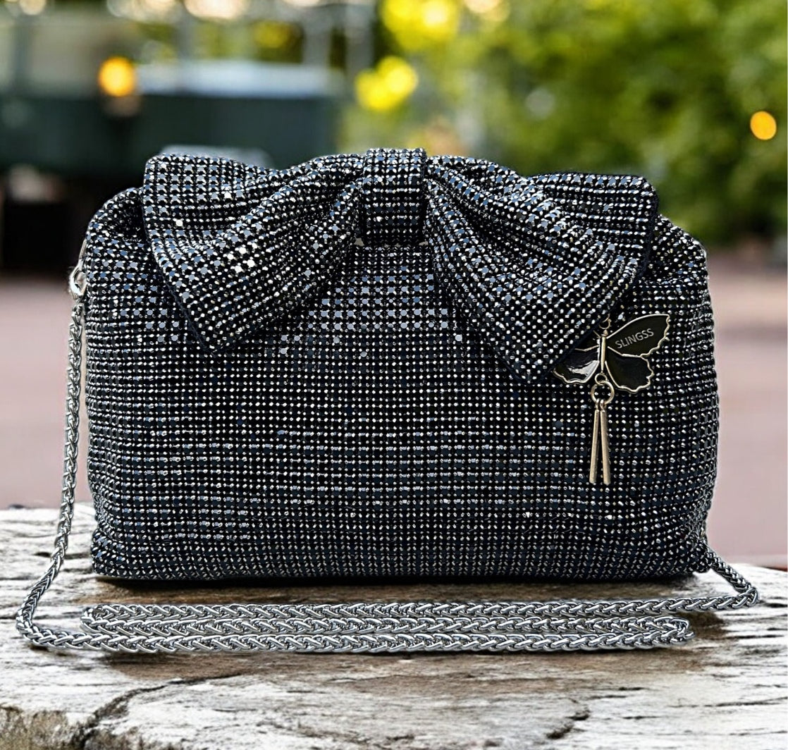 Slingss Luxury Range Exclusive Diamond Studded Partywear Bow Shaped Handle Bag For Ladies With Long Chain