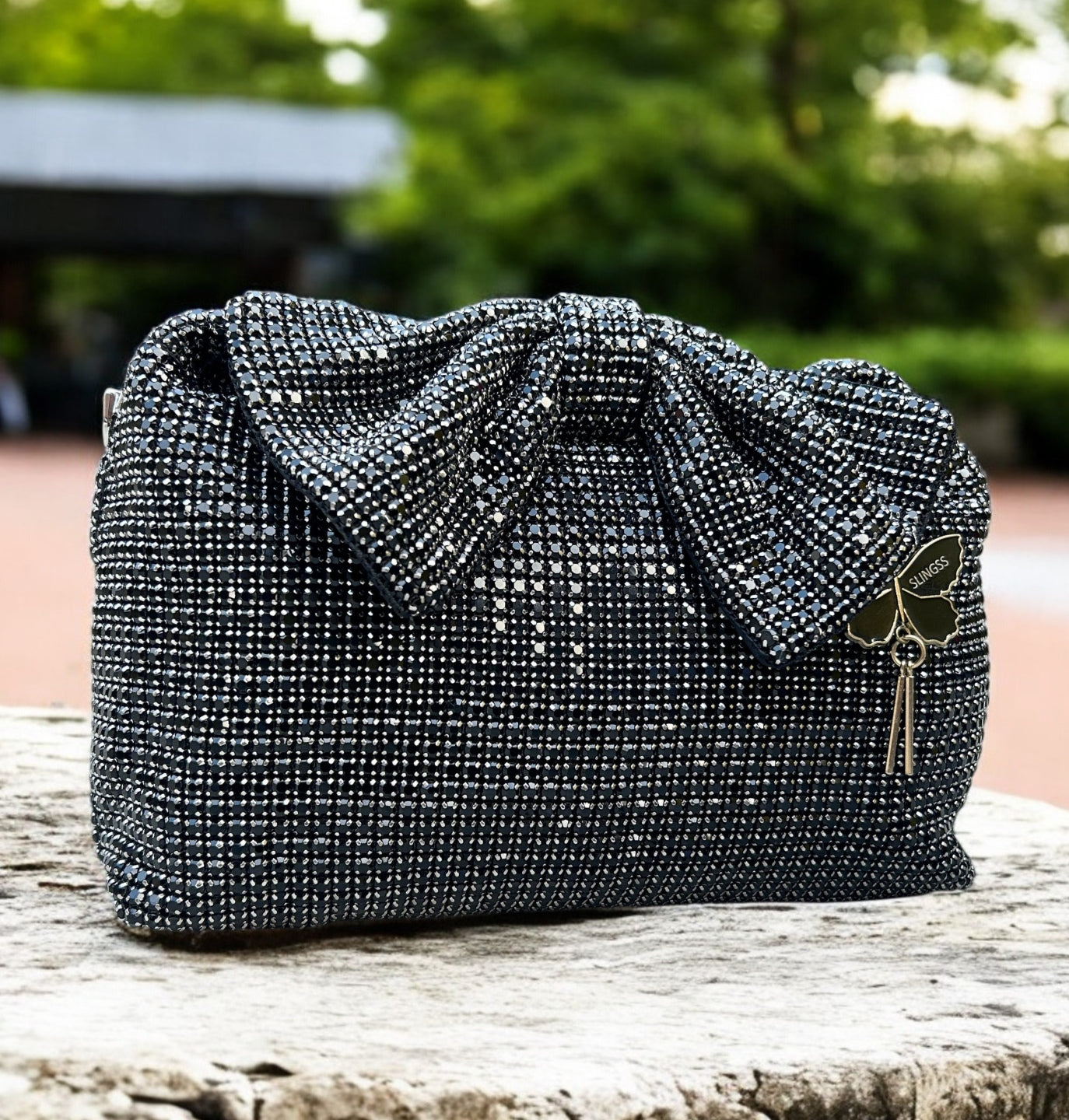 Slingss Luxury Range Exclusive Diamond Studded Partywear Bow Shaped Handle Bag For Ladies With Long Chain