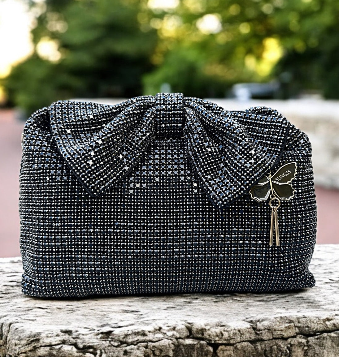 Slingss Luxury Range Exclusive Diamond Studded Partywear Bow Shaped Handle Bag For Ladies With Long Chain