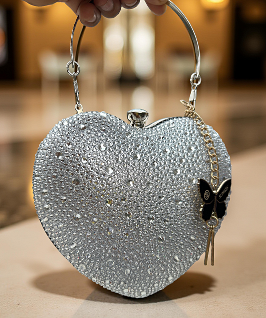 Slingss Exclusive Premium Heart Shape Water Droplets Design Partywear Embroidered Clutch For Ladies With Handle & Long Chain