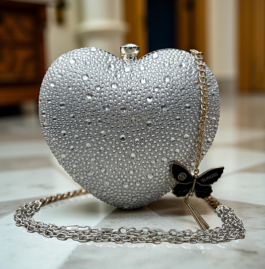Slingss Exclusive Premium Heart Shape Water Droplets Design Partywear Embroidered Clutch For Ladies With Handle & Long Chain