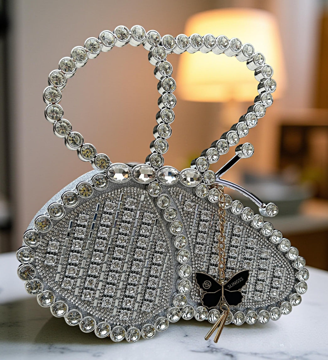 Slingss Exclusive Premium Butterfly Shaped Partywear Diamond Embroidered Handbag For Ladies
