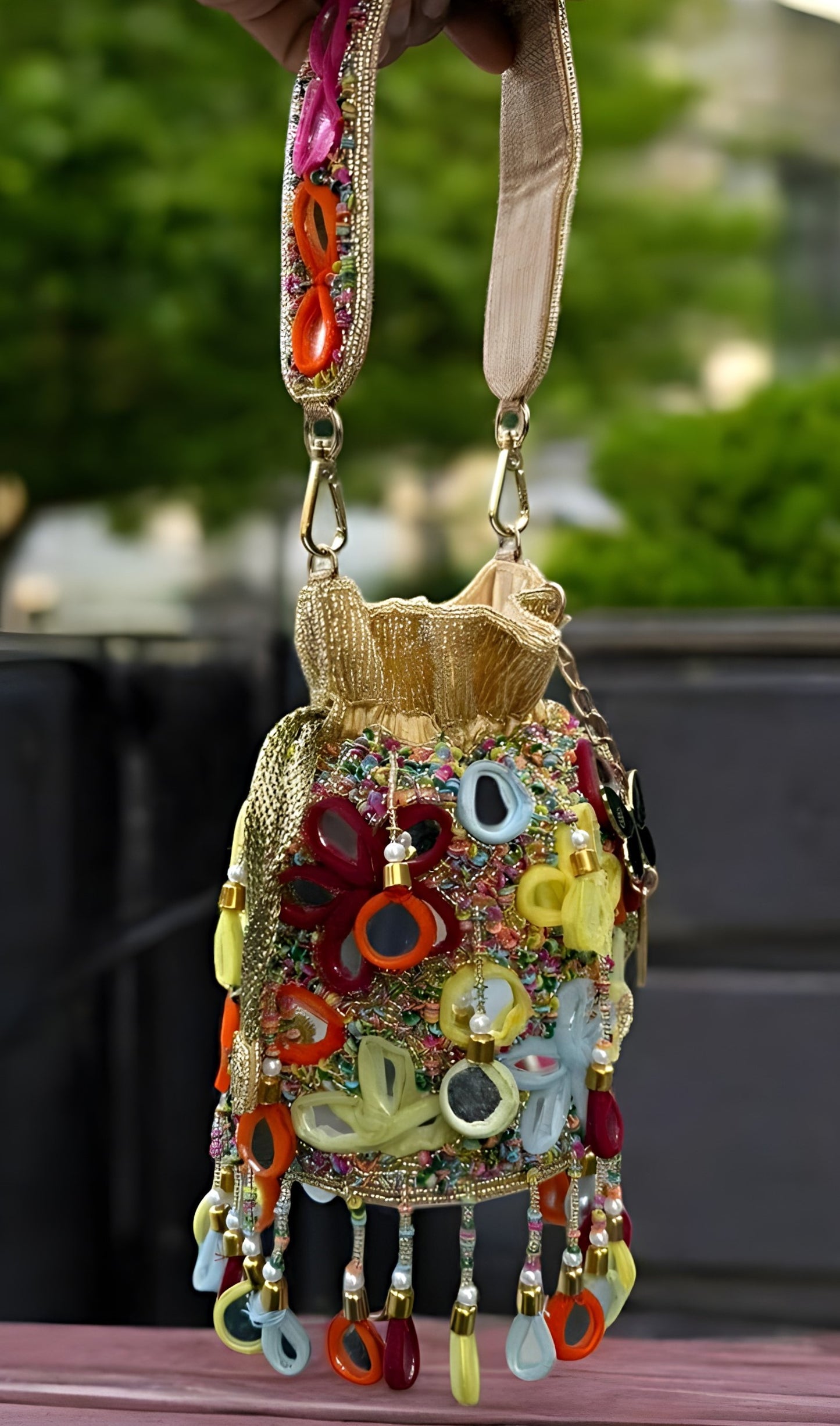 Slingss Exclusive Luxury Range Mirror Embroidered Jhallar Partywear Potli For Ladies With Handle