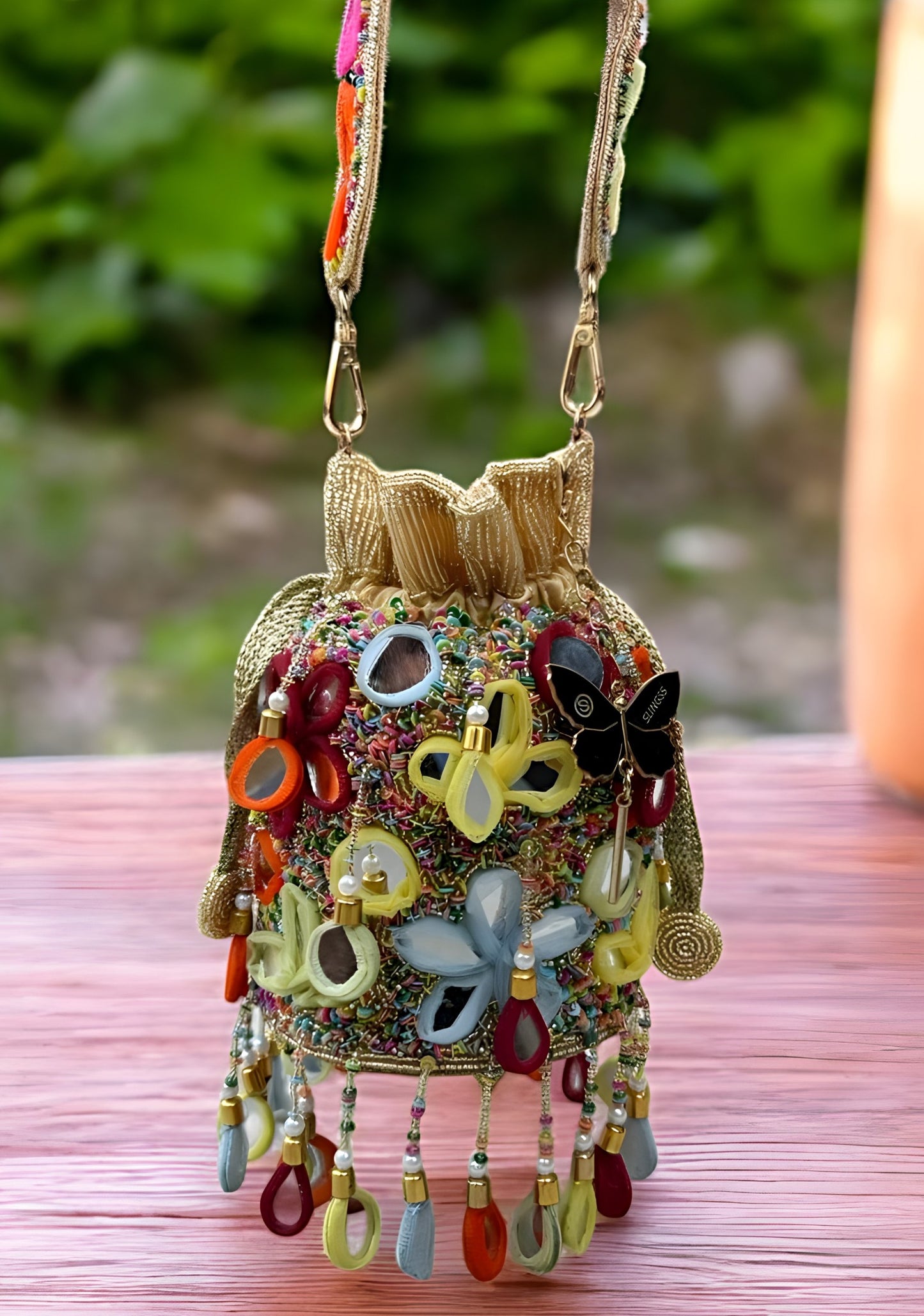 Slingss Exclusive Luxury Range Mirror Embroidered Jhallar Partywear Potli For Ladies With Handle