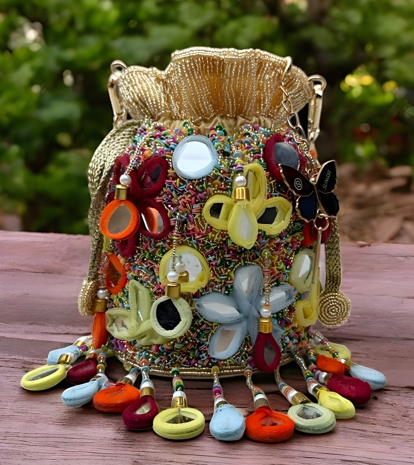 Slingss Exclusive Luxury Range Mirror Embroidered Jhallar Partywear Potli For Ladies With Handle