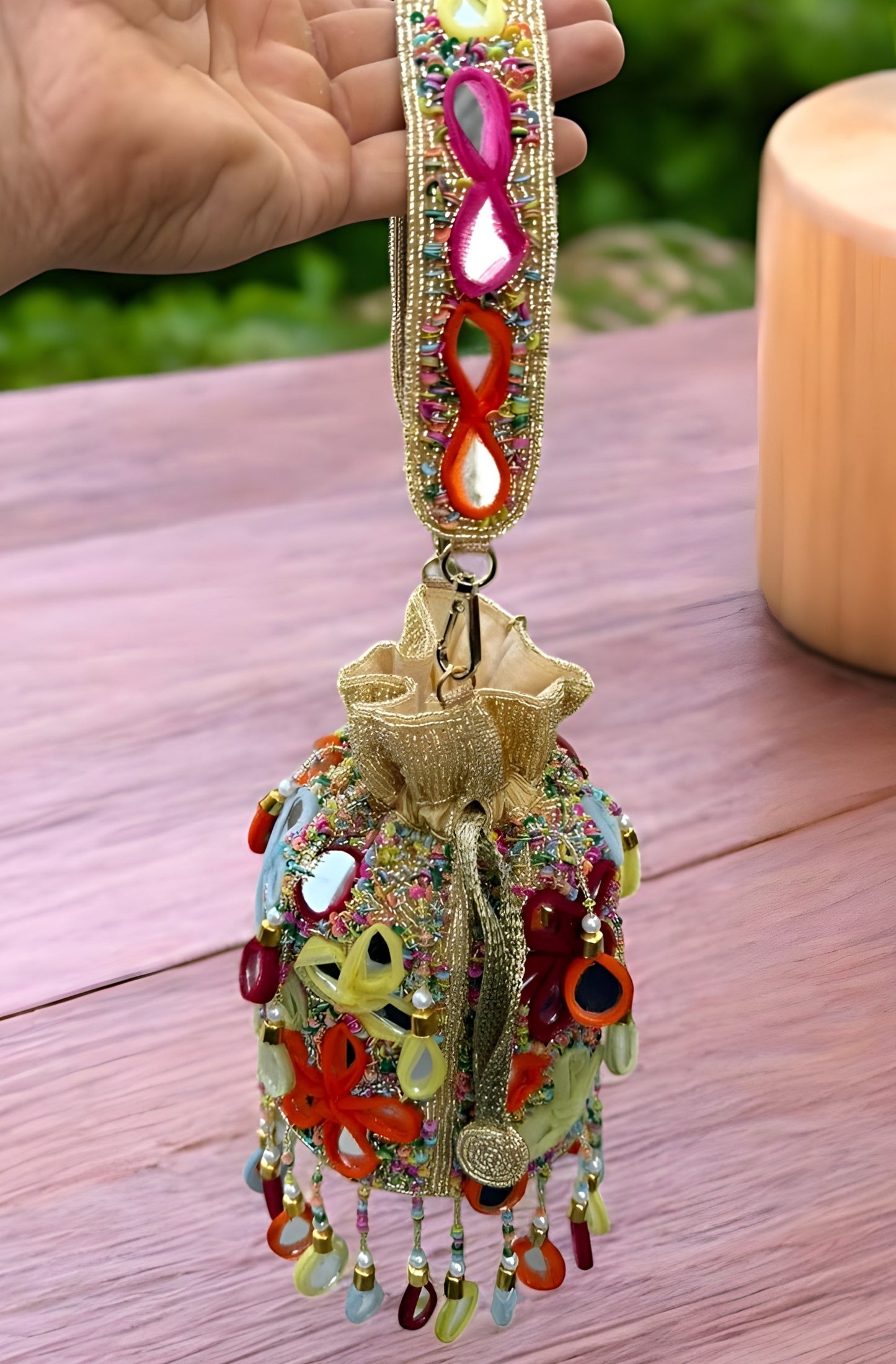 Slingss Exclusive Luxury Range Mirror Embroidered Jhallar Partywear Potli For Ladies With Handle