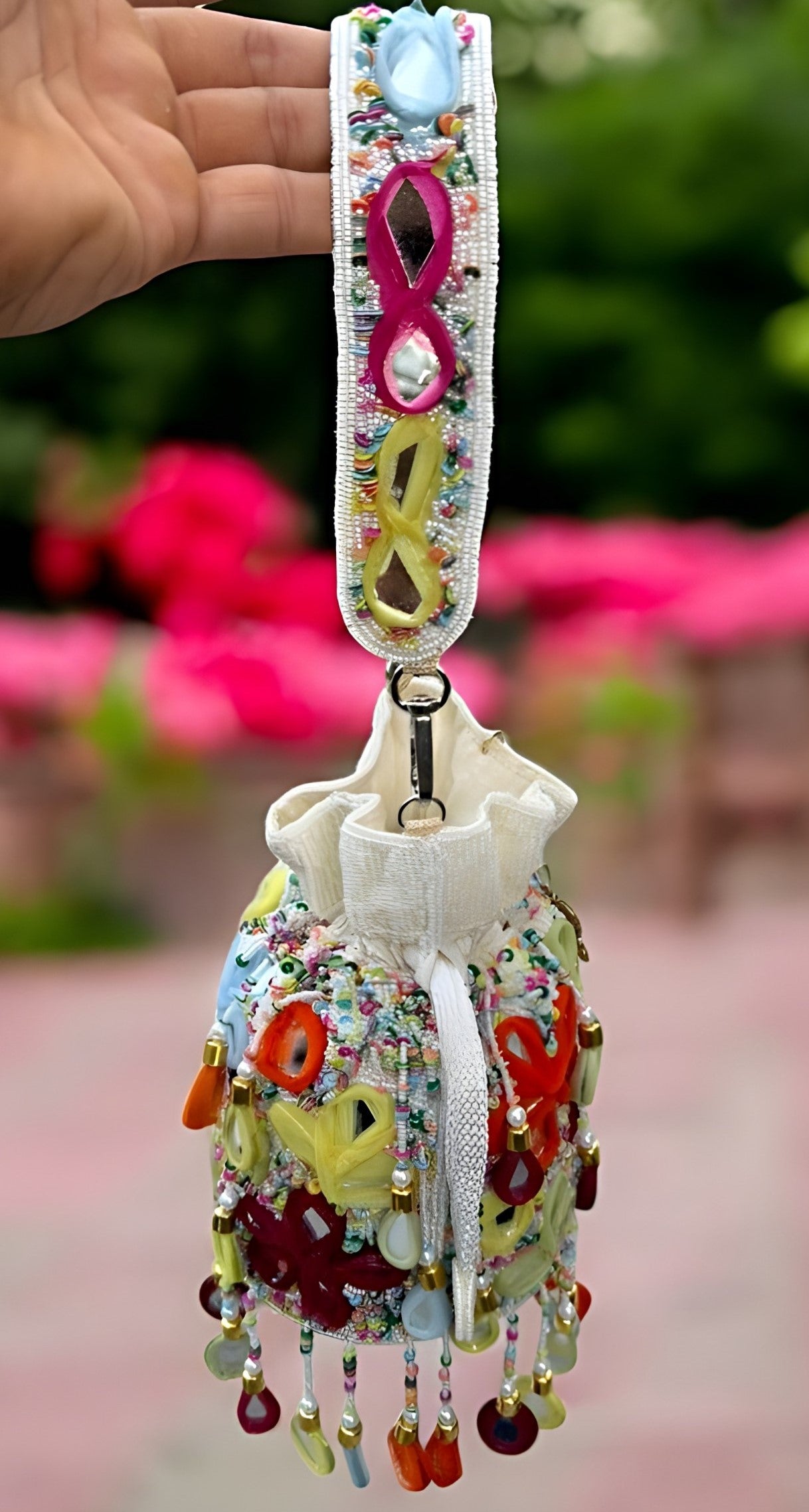 Slingss Exclusive Luxury Range Mirror Embroidered Jhallar Partywear Potli For Ladies With Handle