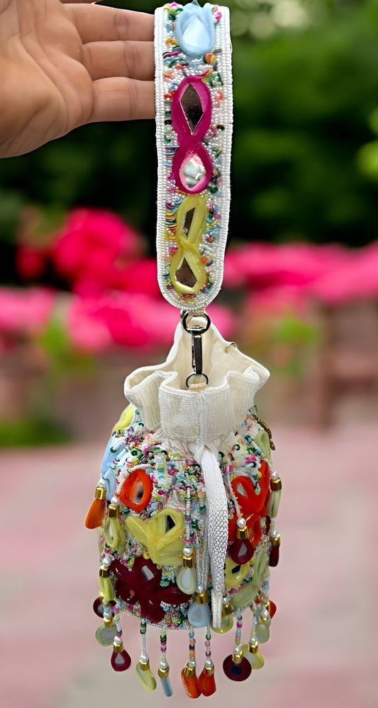 Slingss Exclusive Luxury Range Mirror Embroidered Jhallar Partywear Potli For Ladies With Handle