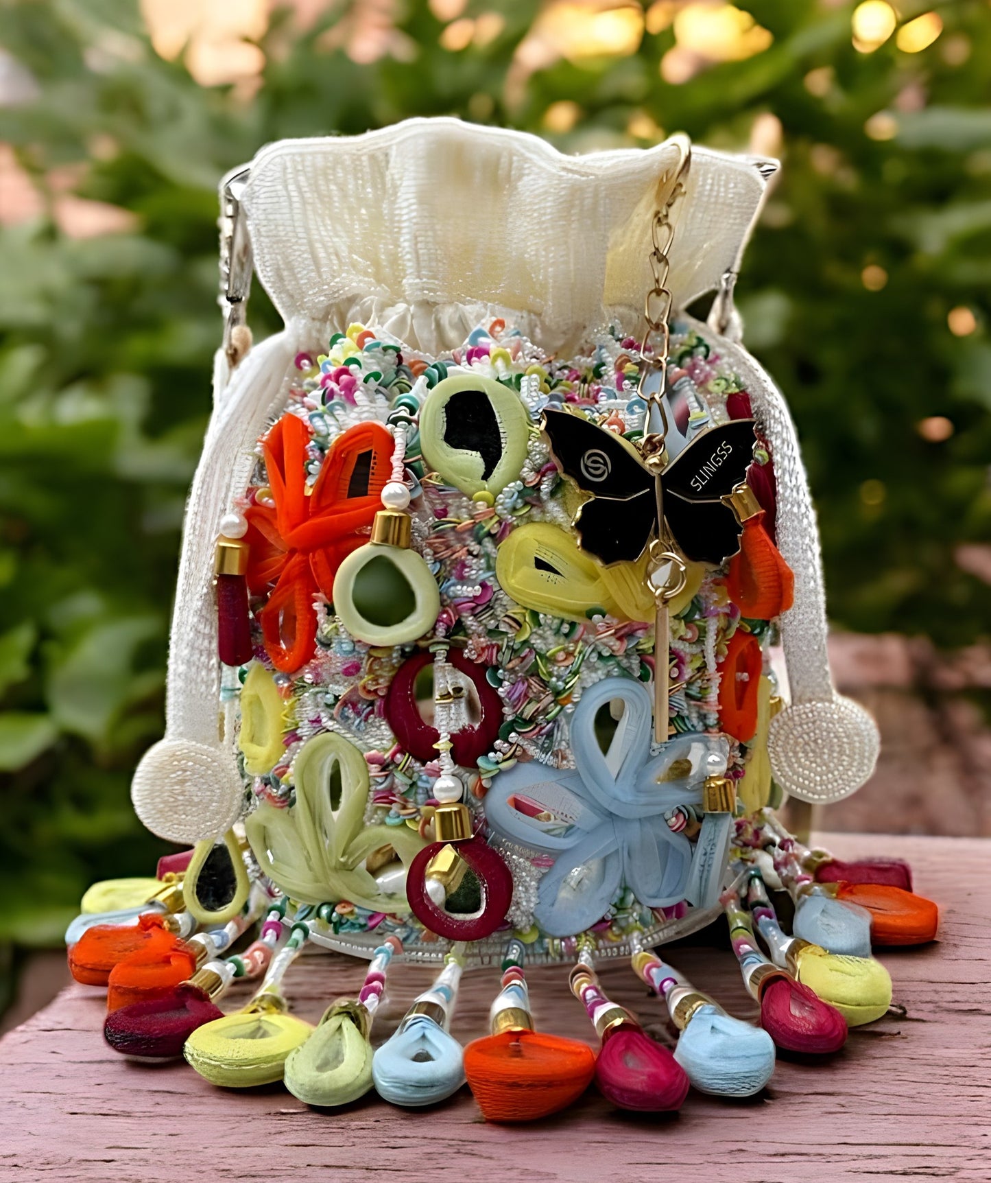 Slingss Exclusive Luxury Range Mirror Embroidered Jhallar Partywear Potli For Ladies With Handle