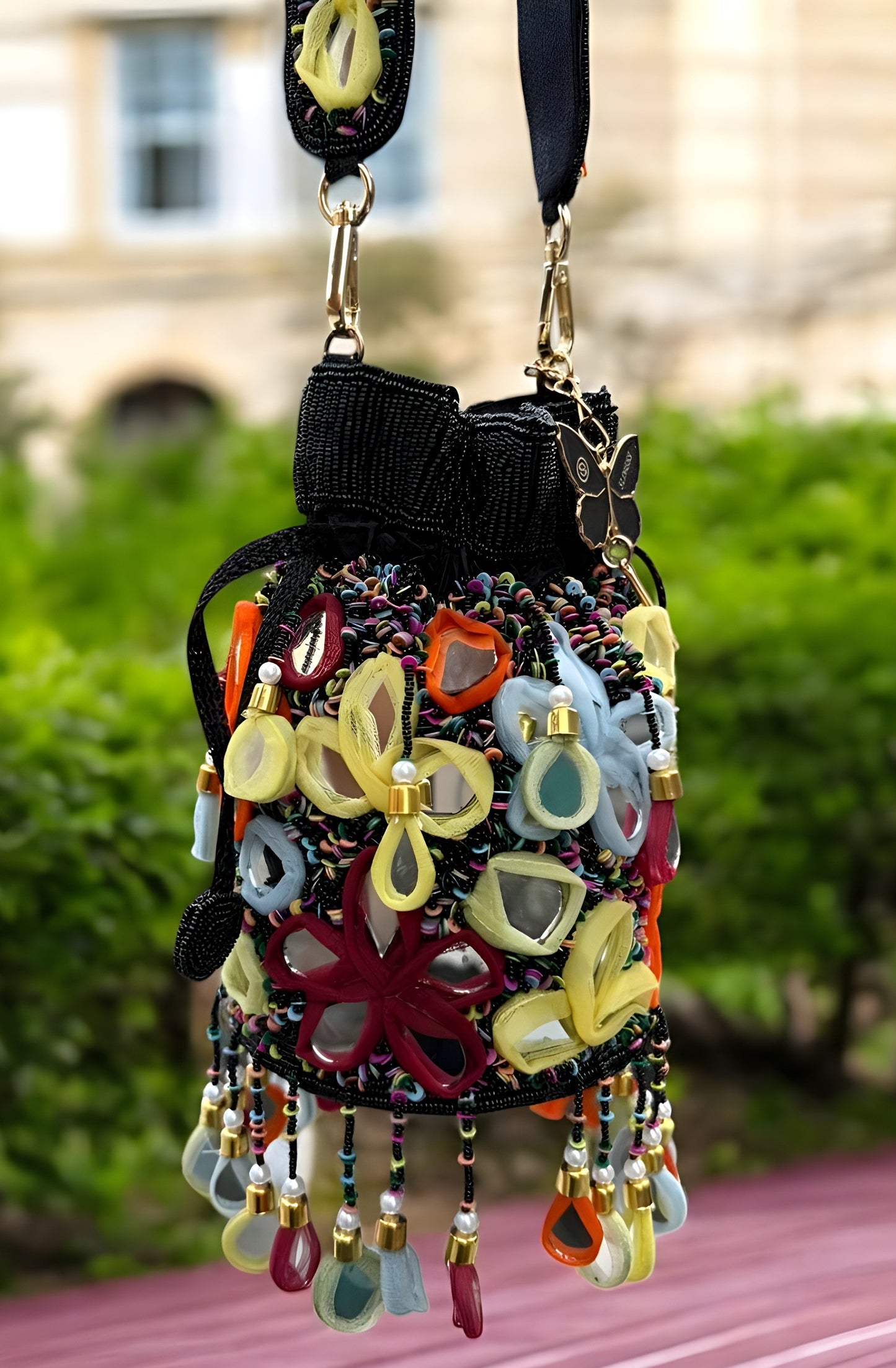 Slingss Exclusive Luxury Range Mirror Embroidered Jhallar Partywear Potli For Ladies With Handle