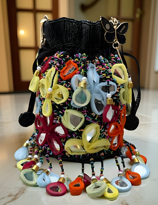 Slingss Exclusive Luxury Range Mirror Embroidered Jhallar Partywear Potli For Ladies With Handle