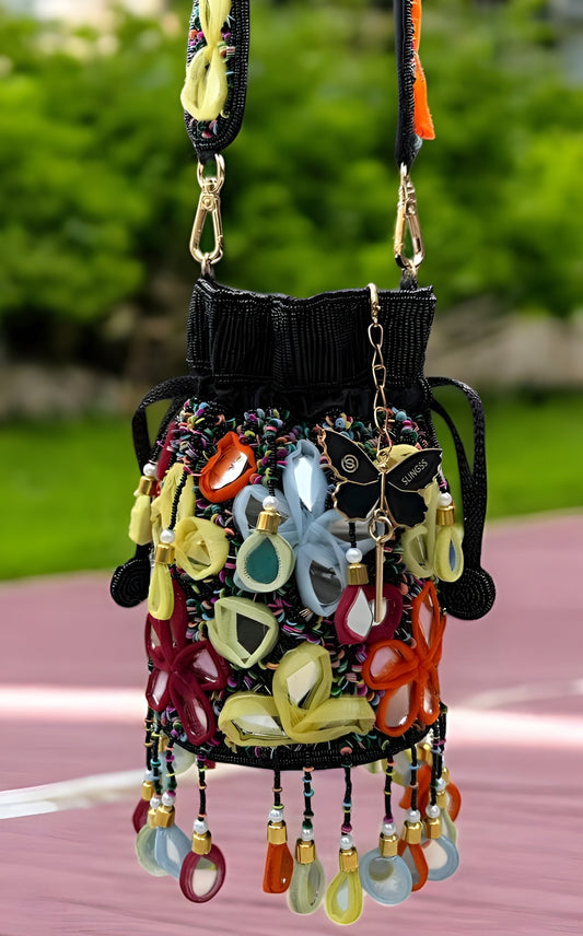 Slingss Exclusive Luxury Range Mirror Embroidered Jhallar Partywear Potli For Ladies With Handle