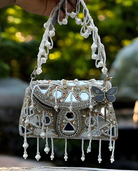 Slingss Luxury Range Hanging Beads Mirror Embroidered Partywear Handbag For Ladies With Handle