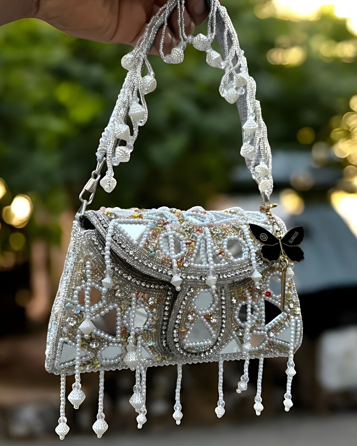 Slingss Luxury Range Hanging Beads Mirror Embroidered Partywear Handbag For Ladies With Handle