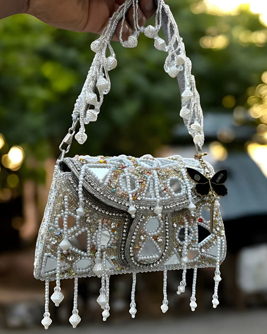 Slingss Luxury Range Hanging Beads Mirror Embroidered Partywear Handbag For Ladies With Handle