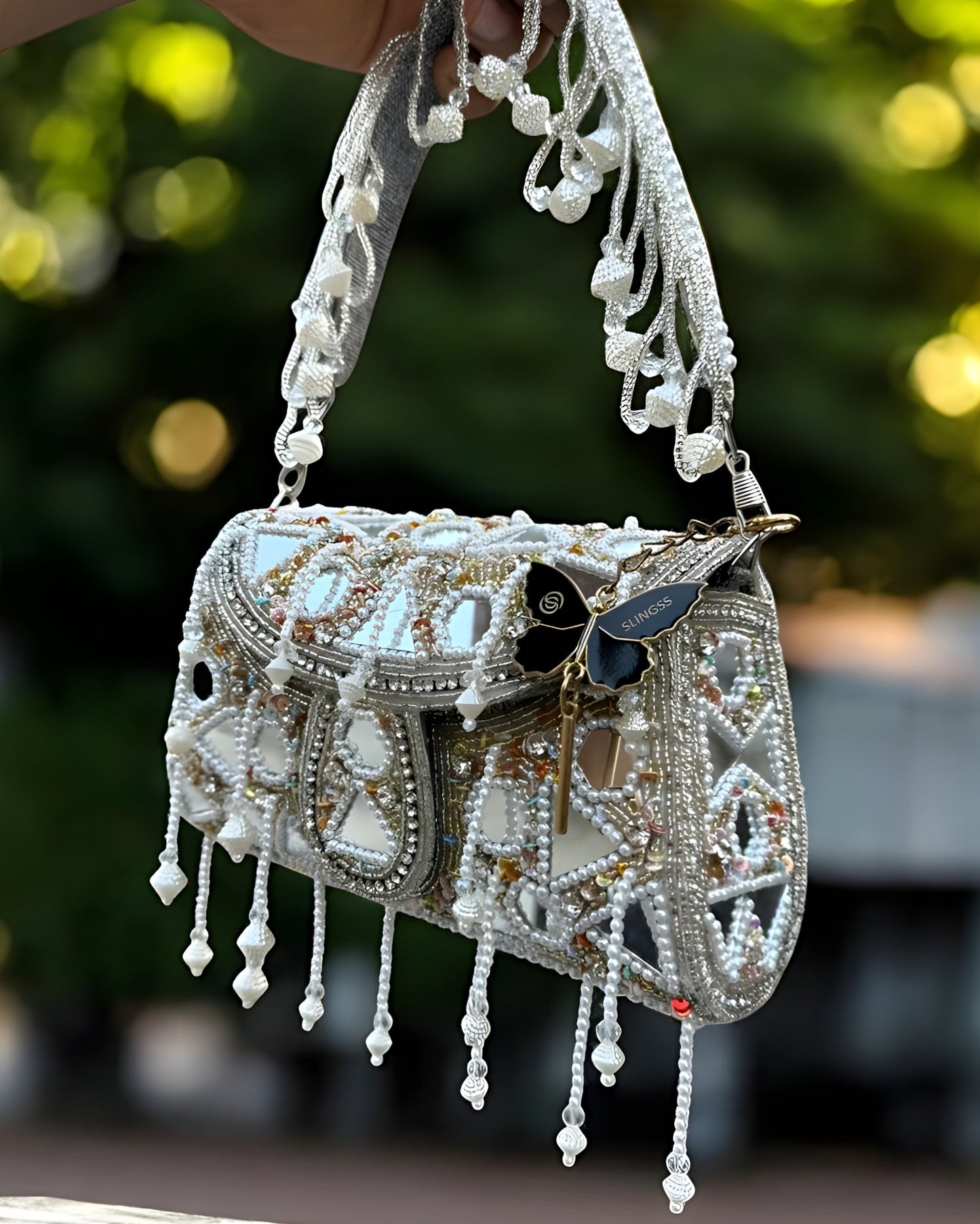 Slingss Luxury Range Hanging Beads Mirror Embroidered Partywear Handbag For Ladies With Handle