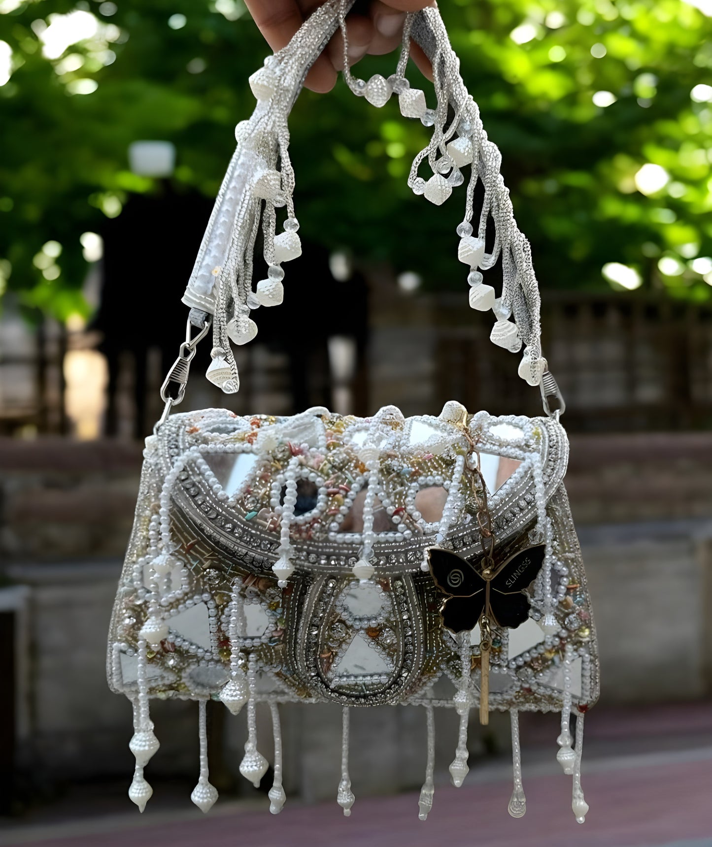 Slingss Luxury Range Hanging Beads Mirror Embroidered Partywear Handbag For Ladies With Handle