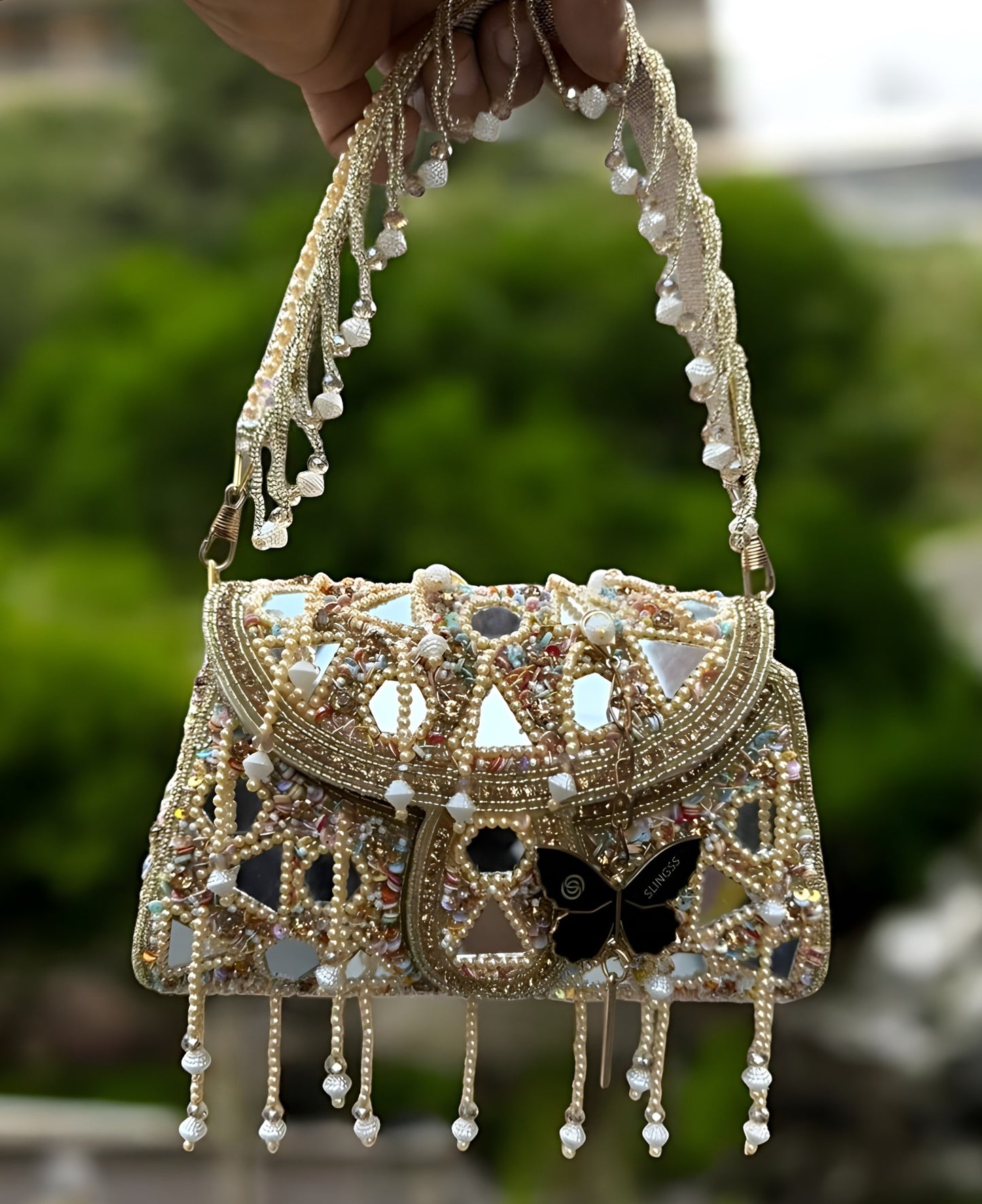Slingss Luxury Range Hanging Beads Mirror Embroidered Partywear Handbag For Ladies With Handle