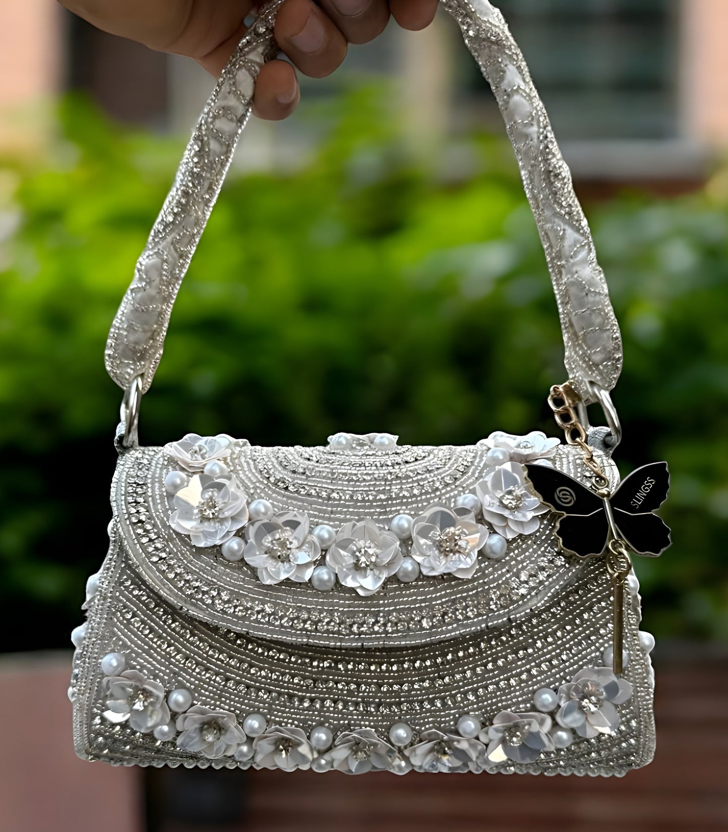 Slingss Luxury Range Flower Embroidered Partywear Handbag For Ladies With Handle