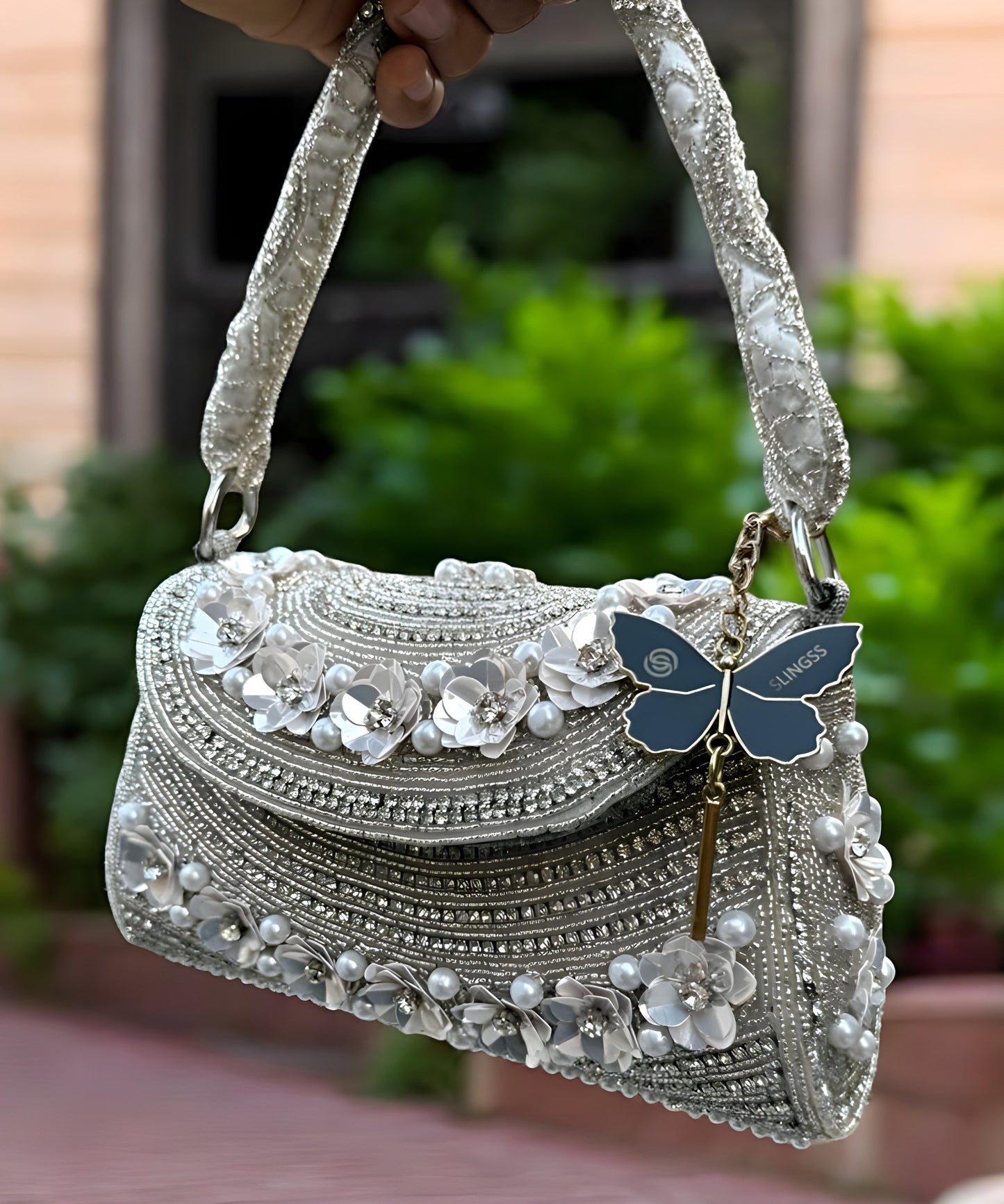 Slingss Luxury Range Flower Embroidered Partywear Handbag For Ladies With Handle