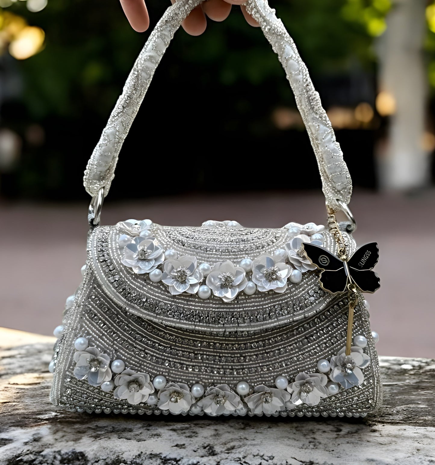 Slingss Luxury Range Flower Embroidered Partywear Handbag For Ladies With Handle