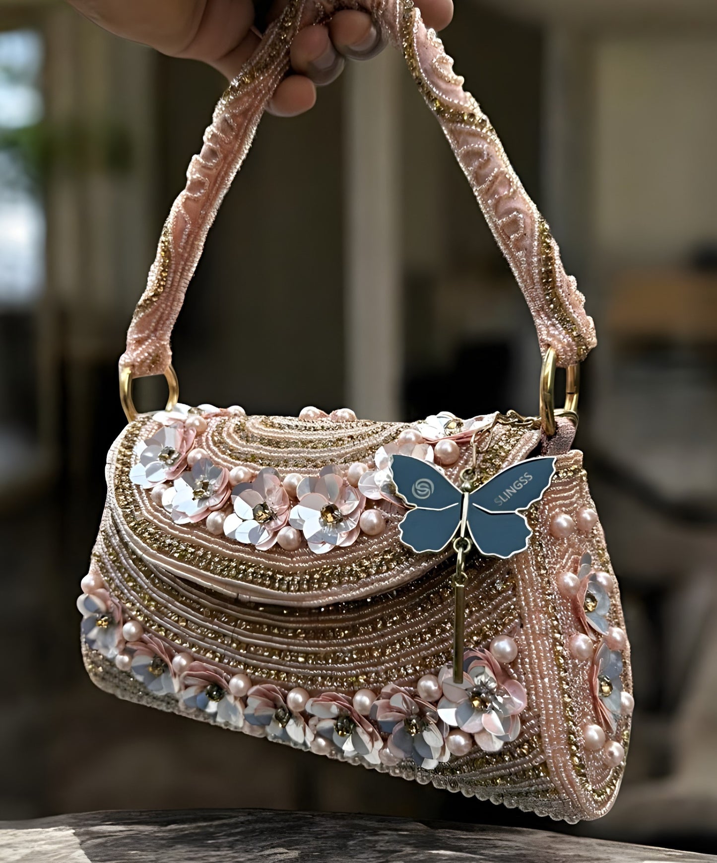 Slingss Luxury Range Flower Embroidered Partywear Handbag For Ladies With Handle