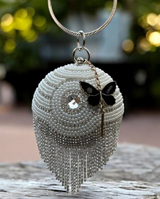 Slingss Exclusive Premium Ball Shaped Partywear Embroidered Clutch For Ladies With Handle & Long Chain