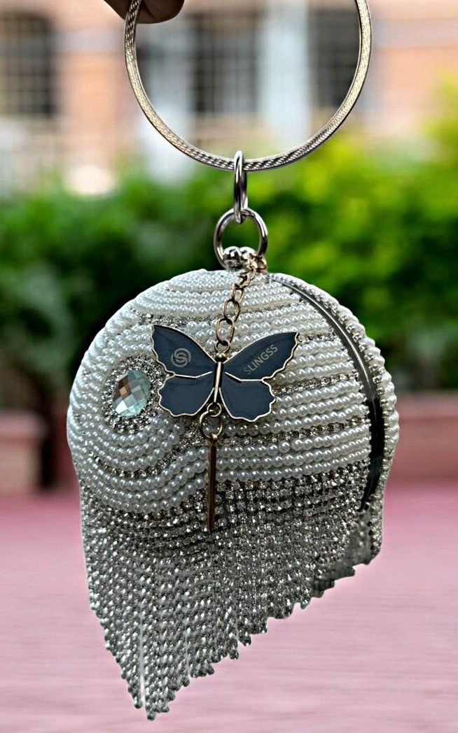 Slingss Exclusive Premium Ball Shaped Partywear Embroidered Clutch For Ladies With Handle & Long Chain