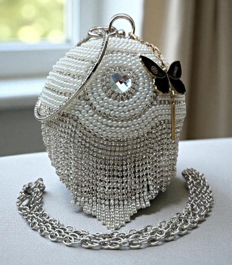 Slingss Exclusive Premium Ball Shaped Partywear Embroidered Clutch For Ladies With Handle & Long Chain
