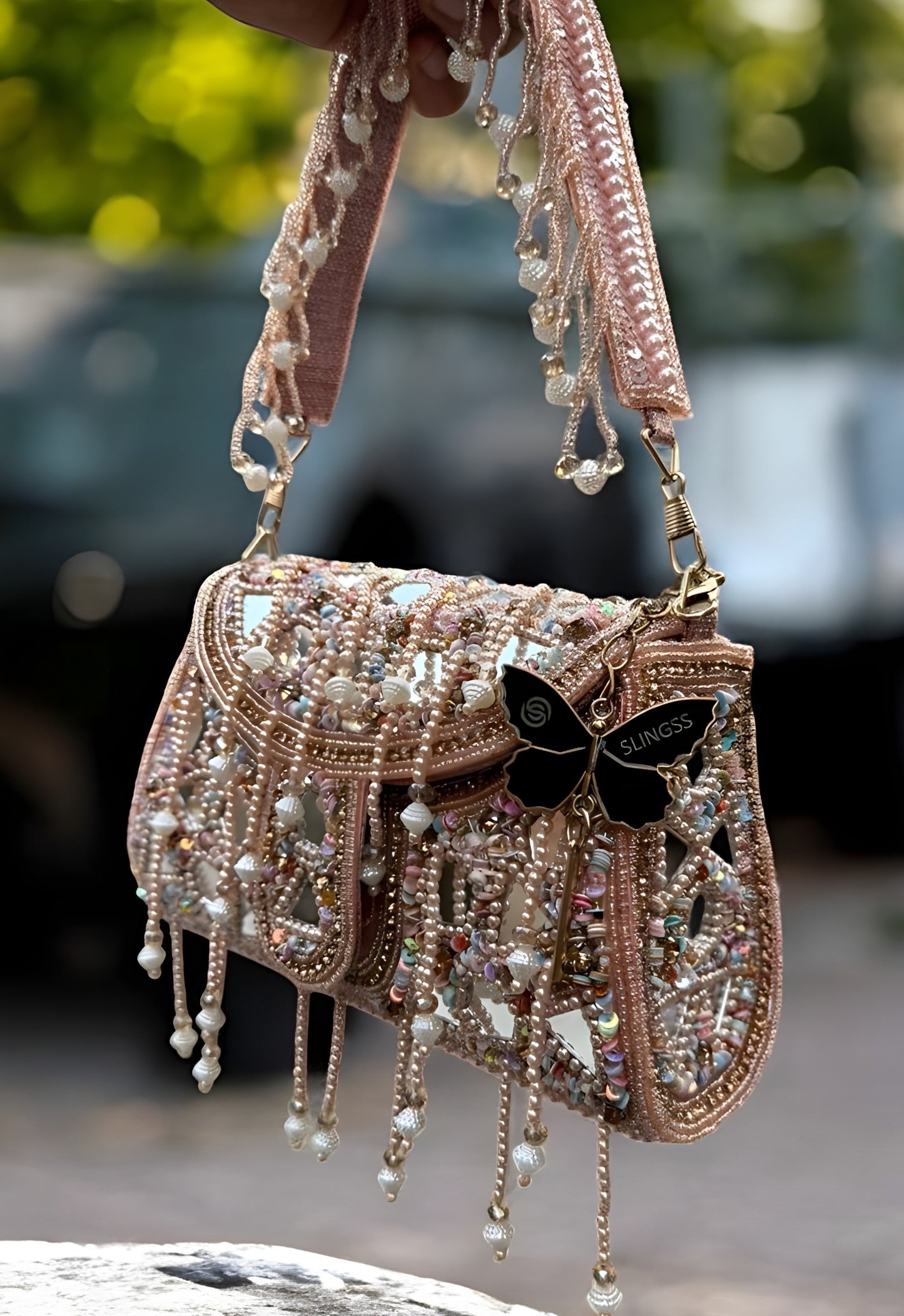 Slingss Luxury Range Hanging Beads Mirror Embroidered Partywear Handbag For Ladies With Handle