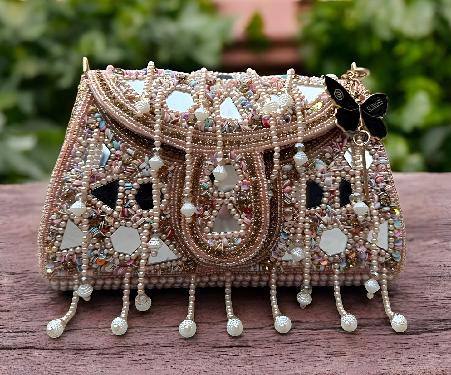 Slingss Luxury Range Hanging Beads Mirror Embroidered Partywear Handbag For Ladies With Handle