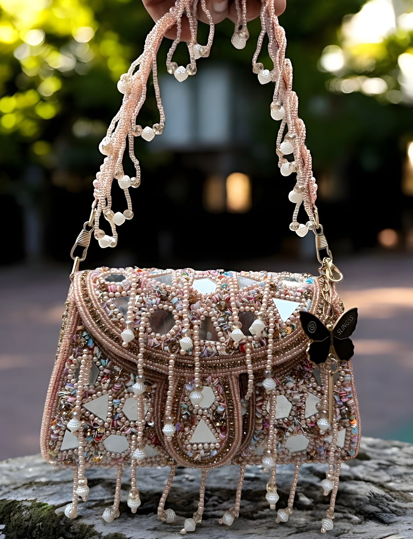 Slingss Luxury Range Hanging Beads Mirror Embroidered Partywear Handbag For Ladies With Handle