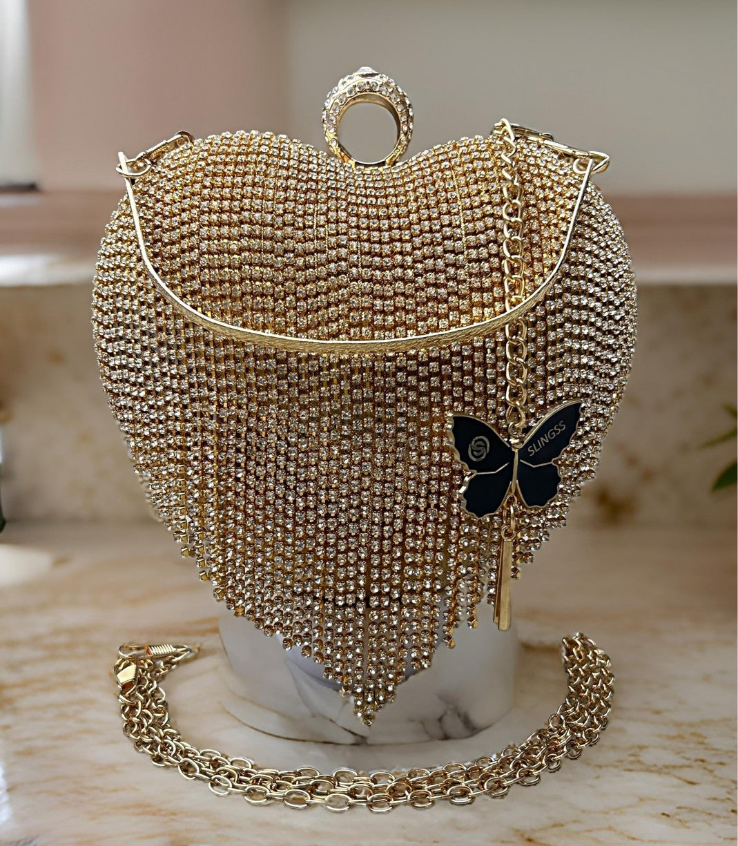 Slingss Exclusive Premium Heart Shape Design Partywear Embroidered Clutch For Ladies With Handle & Long Chain