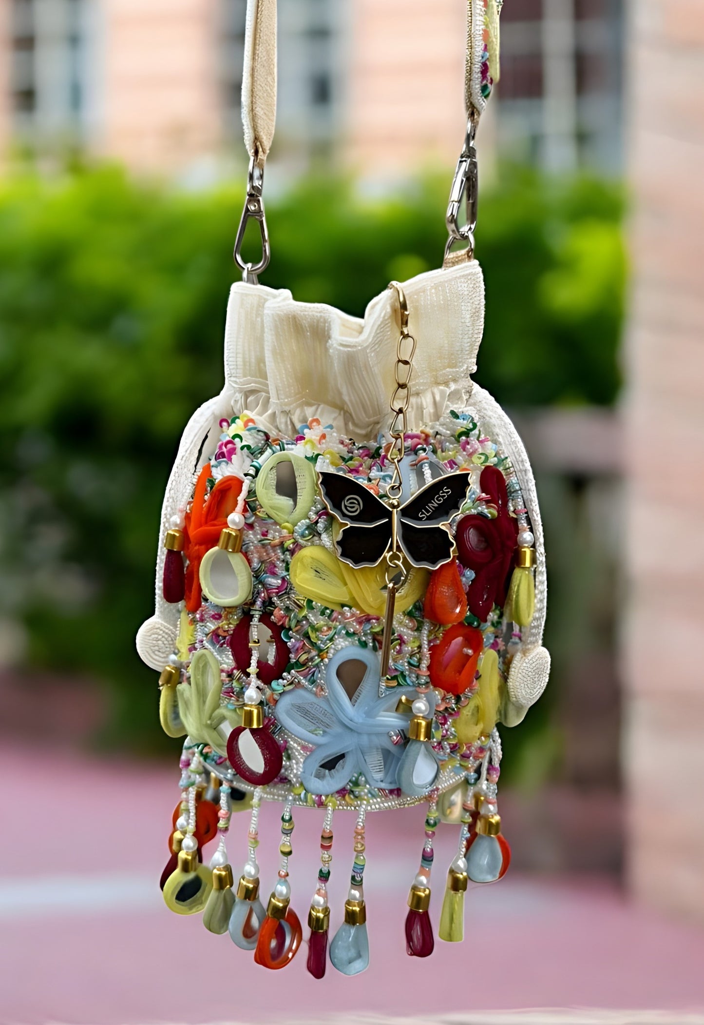 Slingss Exclusive Luxury Range Mirror Embroidered Jhallar Partywear Potli For Ladies With Handle