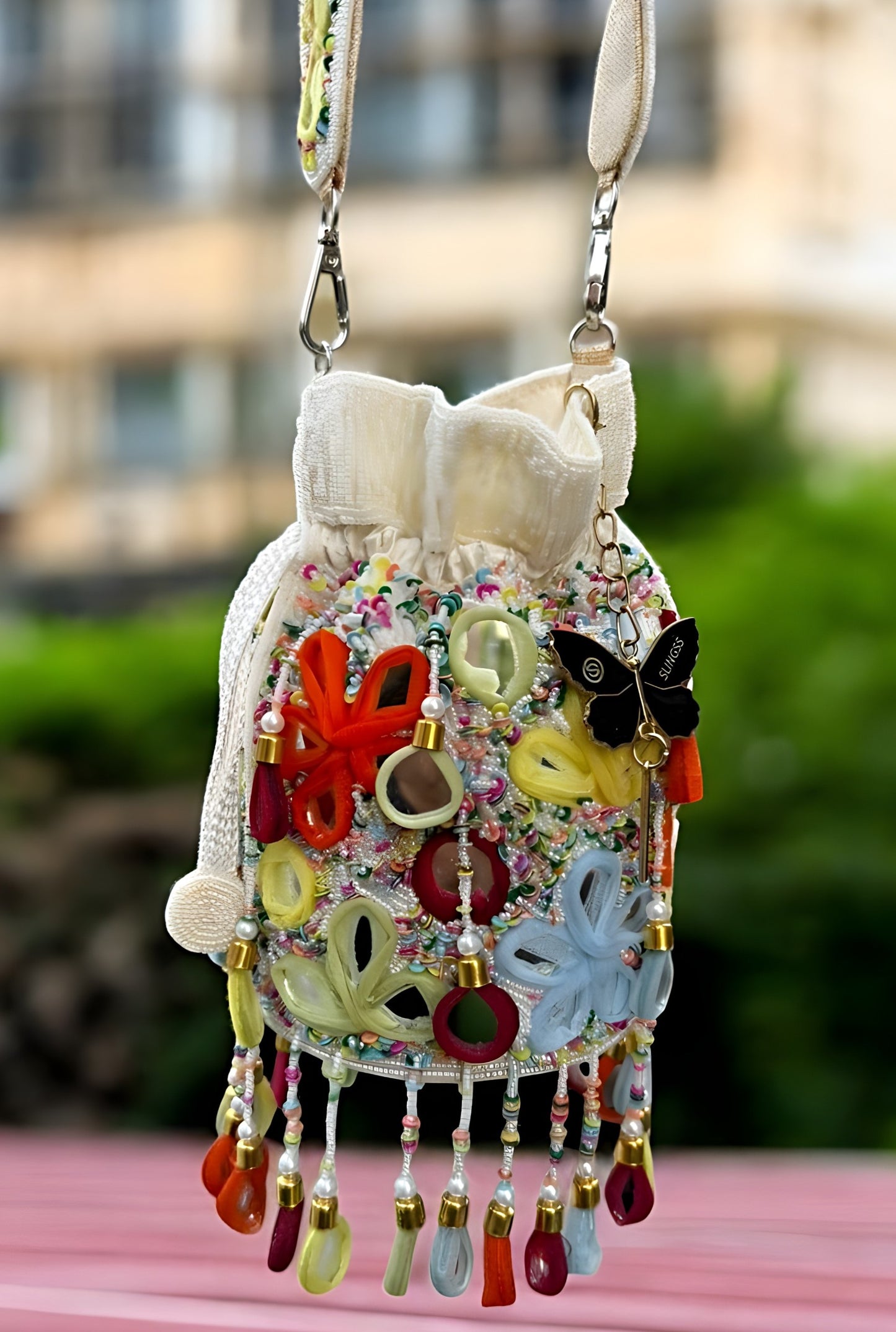 Slingss Exclusive Luxury Range Mirror Embroidered Jhallar Partywear Potli For Ladies With Handle