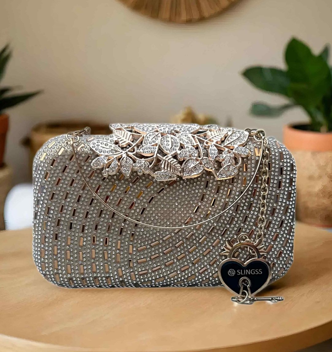 Slingss Exclusive Premium Partywear Embroidered Boxy Design Clutch For Ladies With Handle & Long Chain
