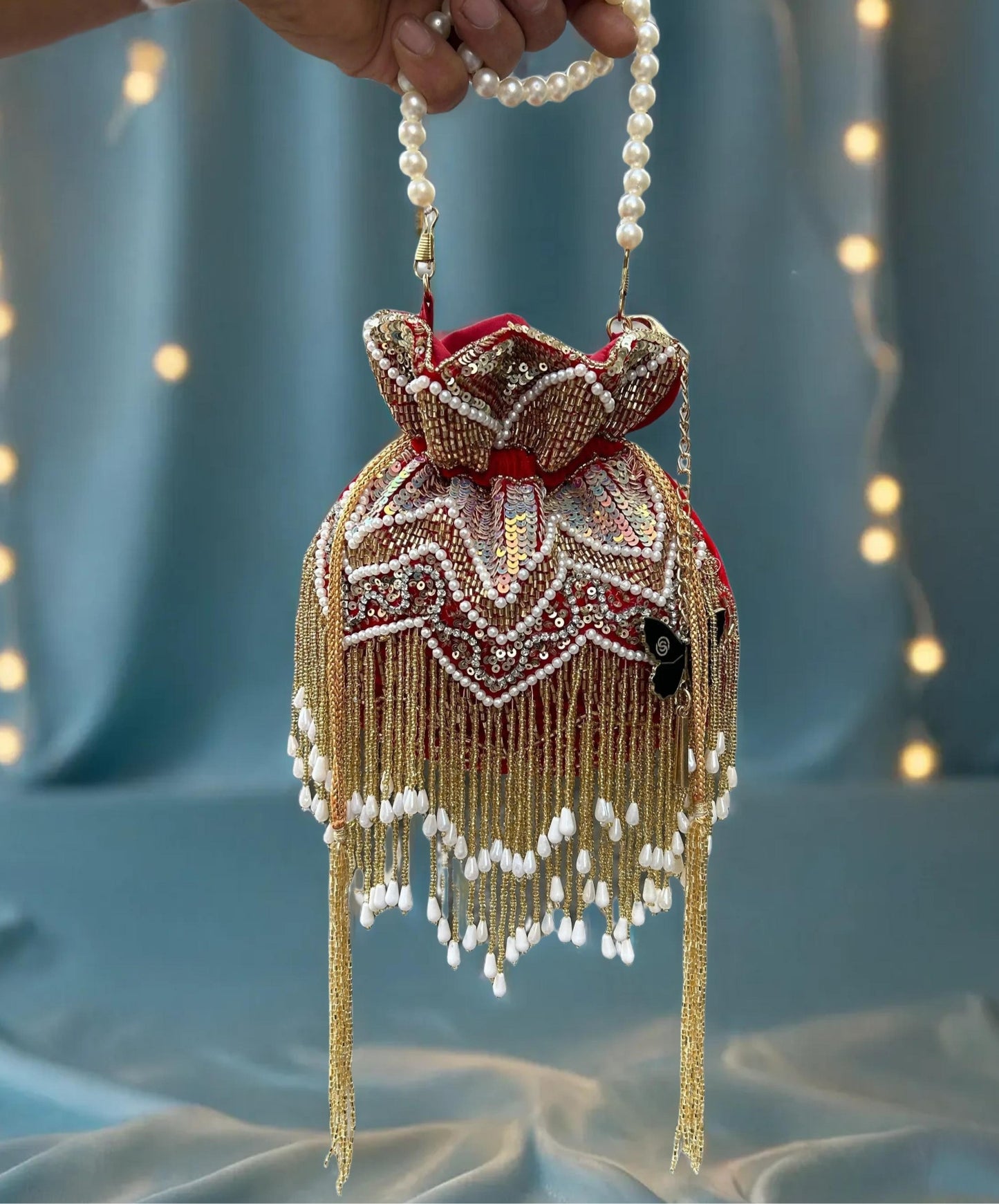 Slingss Exclusive Premium Jhallar Embroidered Partywear Potli For Ladies With Handle