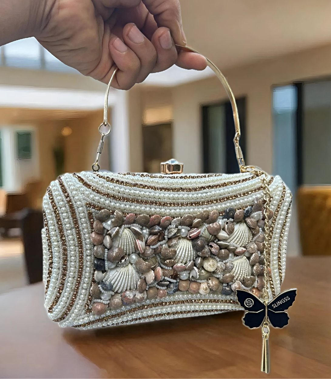 Slingss Exclusive Premium White Beads Seap Embroidered Partywear Clutch For Ladies With Handle & Long Chain