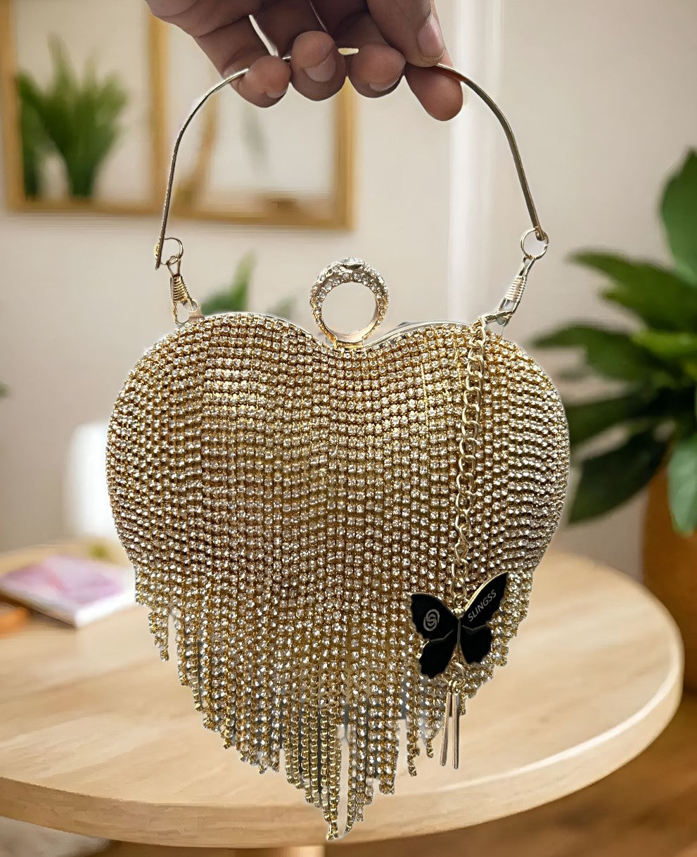 Slingss Exclusive Premium Heart Shape Design Partywear Embroidered Clutch For Ladies With Handle & Long Chain