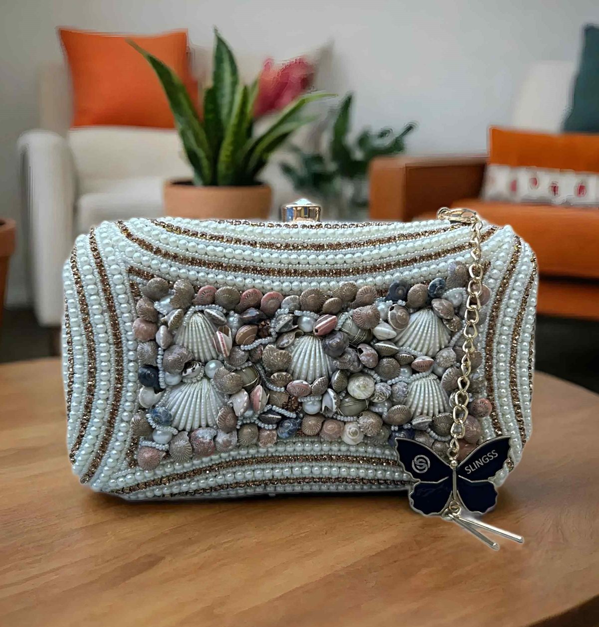 Slingss Exclusive Premium White Beads Seap Embroidered Partywear Clutch For Ladies With Handle & Long Chain