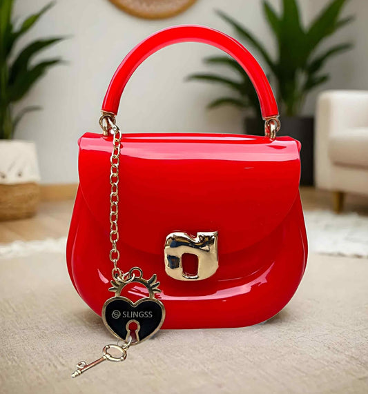 Slingss Mini Partywear Red Silicon Purse For Girls With Handel & Long Belt
