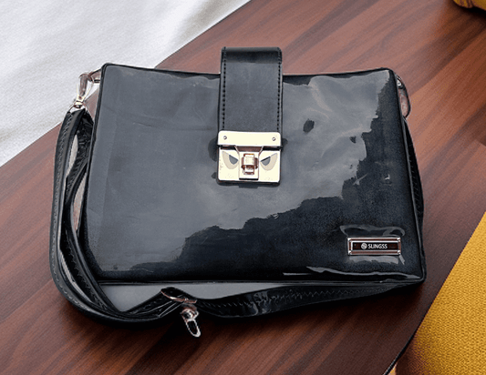 Slingss Shiny Black Glossy Sling Bag For Ladies With Long Belt