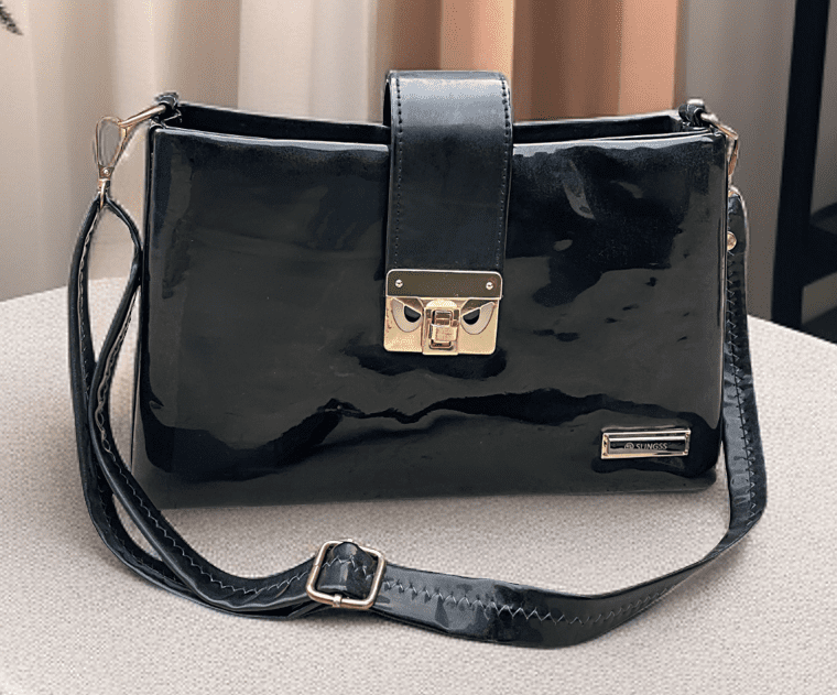 Slingss Shiny Black Glossy Sling Bag For Ladies With Long Belt