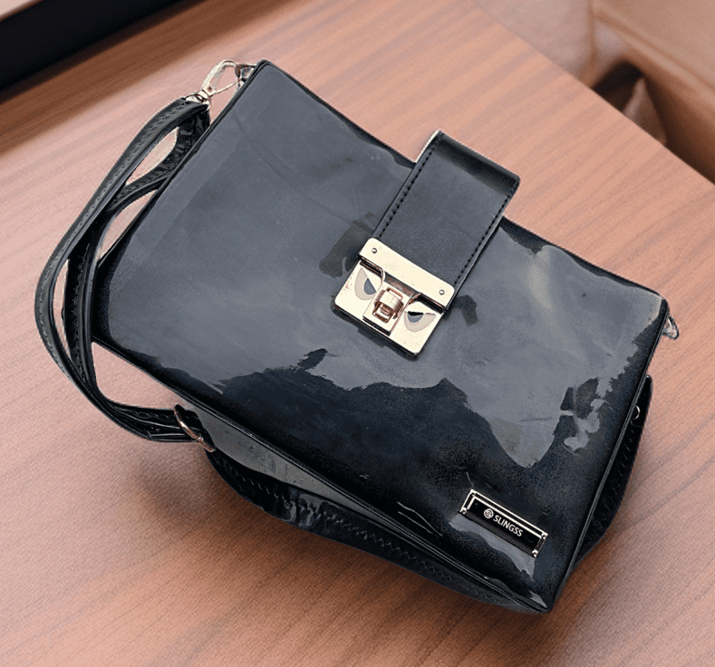 Slingss Shiny Black Glossy Sling Bag For Ladies With Long Belt