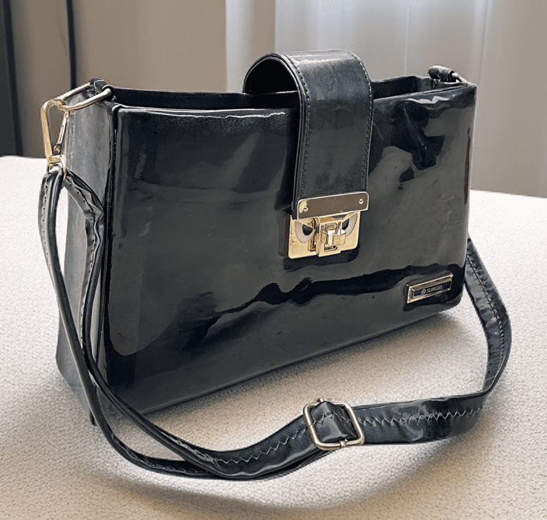 Slingss Shiny Black Glossy Sling Bag For Ladies With Long Belt